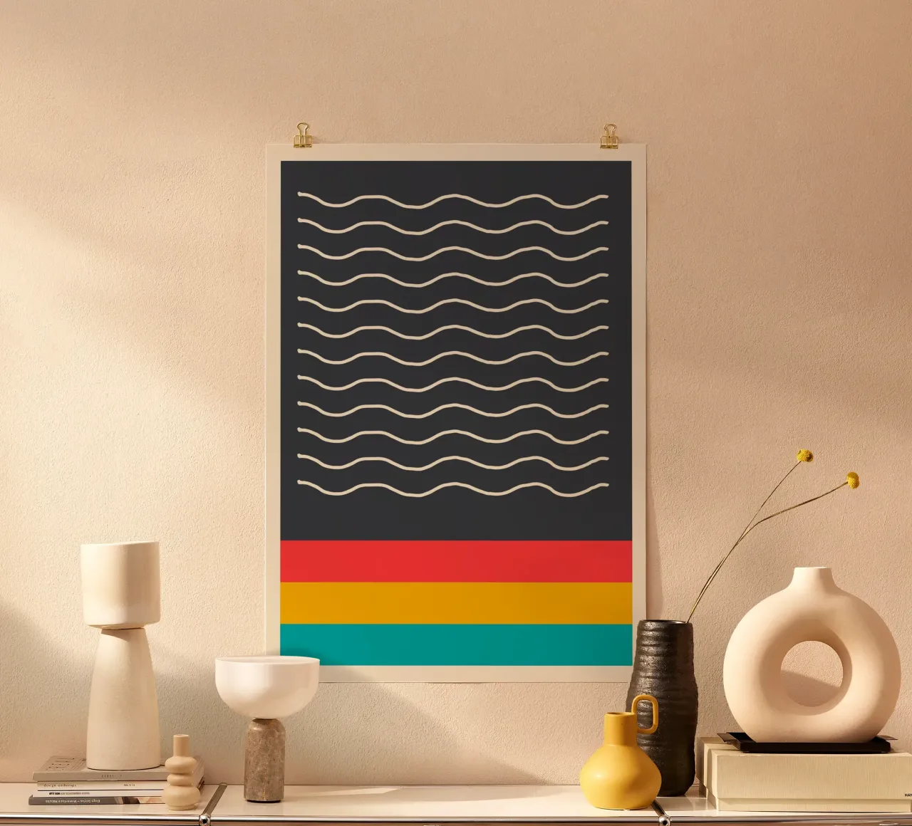 Minimalistische Golvende Lijnen Donker Abstracte Kleurenblok Print hahnemühle van Grungeo
