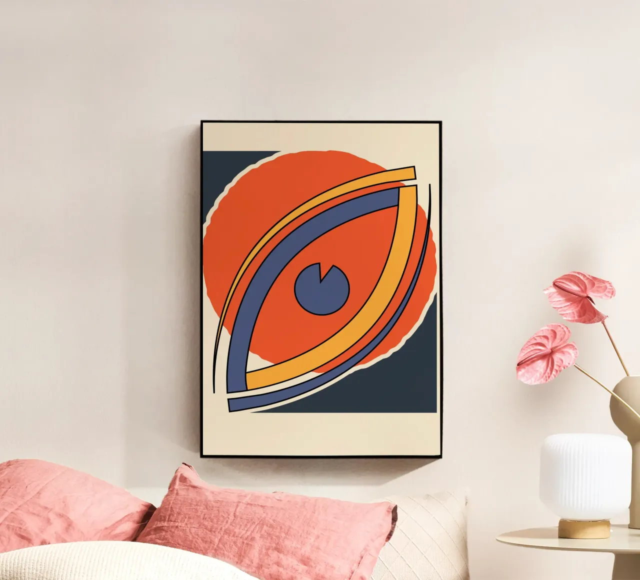 Abstract Eye Shape Orange Navy Modern Surreal Print metacrilato de Grungeo