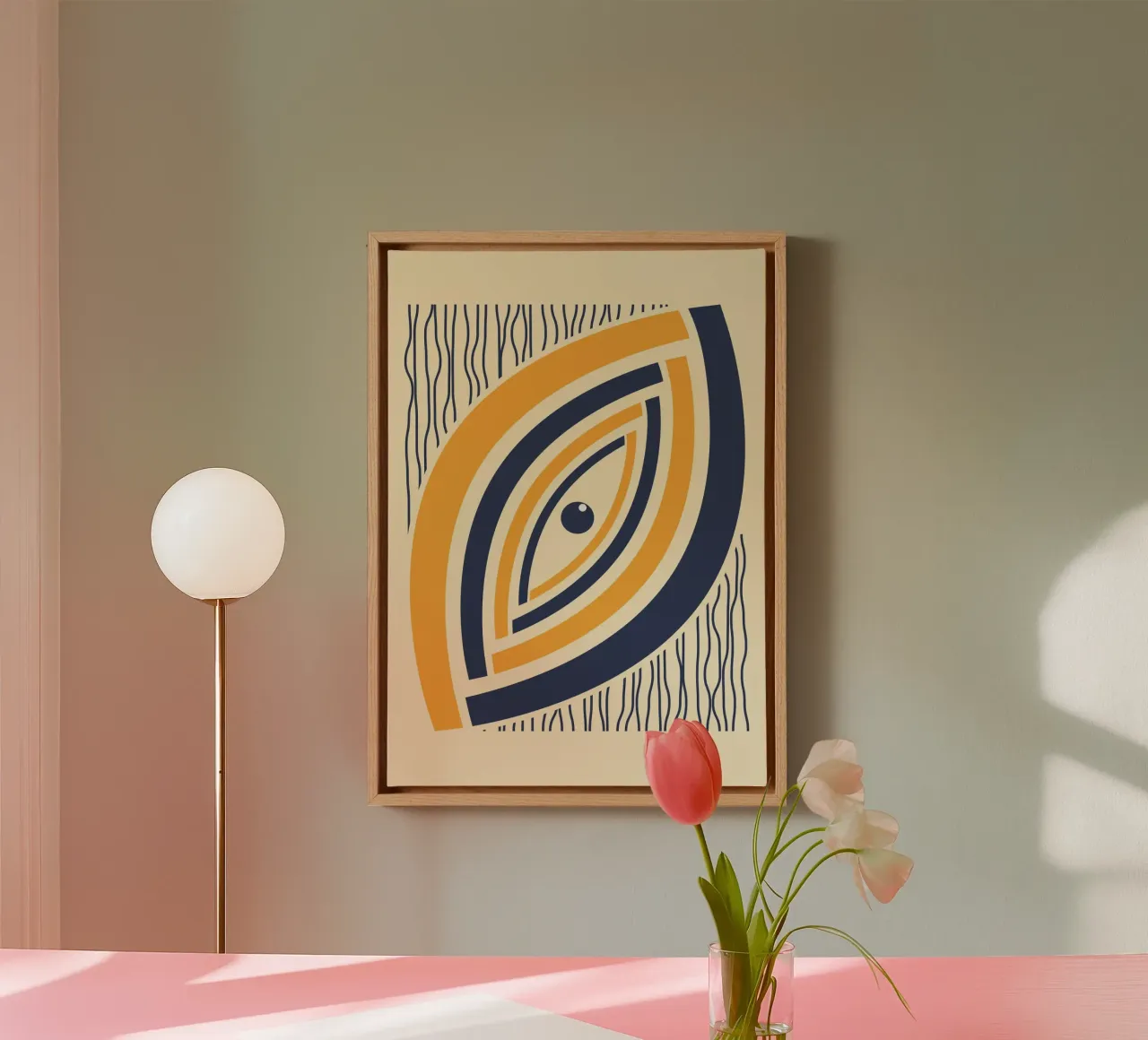 Abstract Eye Overlapping Lines Orange Navy Bauhaus Print canvas by Grungeo