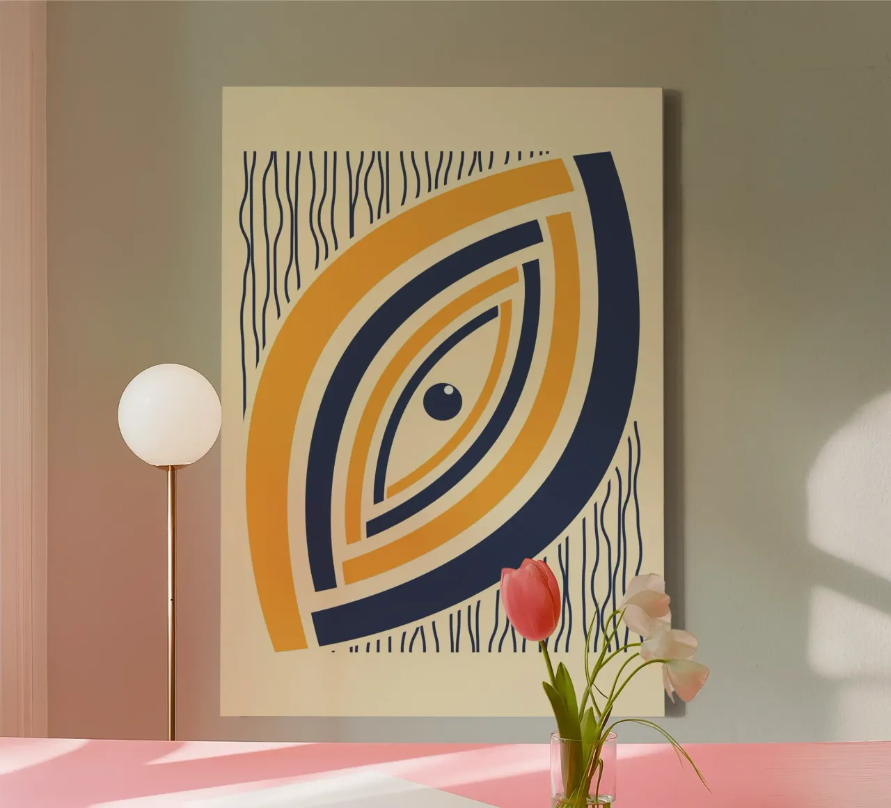 Abstract Eye Overlapping Lines Orange Navy Bauhaus Print canvas by Grungeo