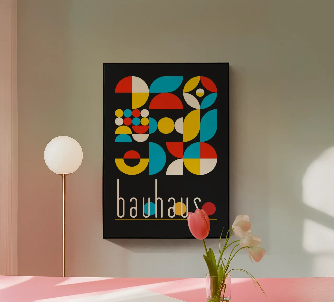 Vibrant Bauhaus Geometric Abstract Shapes Black Background D metacrilato de Grungeo