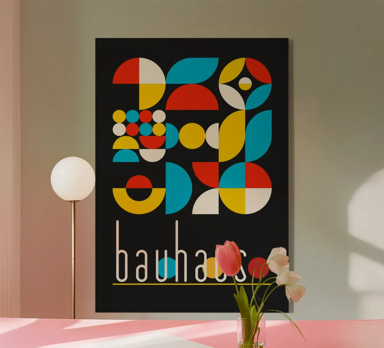 Vibrant Bauhaus Geometric Abstract Shapes Black Background D metacrilato de Grungeo