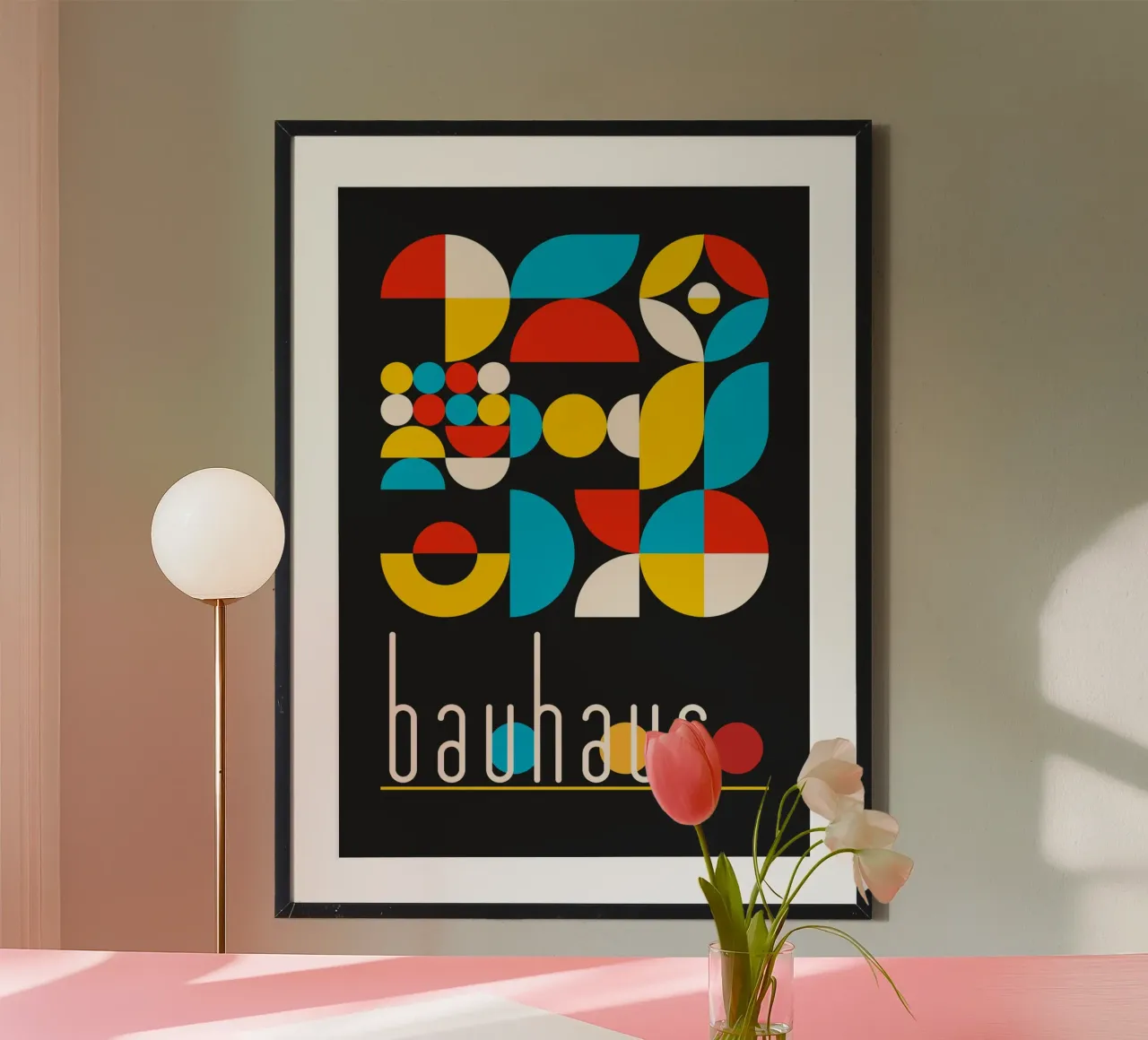Levendige Bauhaus Geometrische Abstracte Vormen Zwarte Achtergrond D hahnemühle van Grungeo