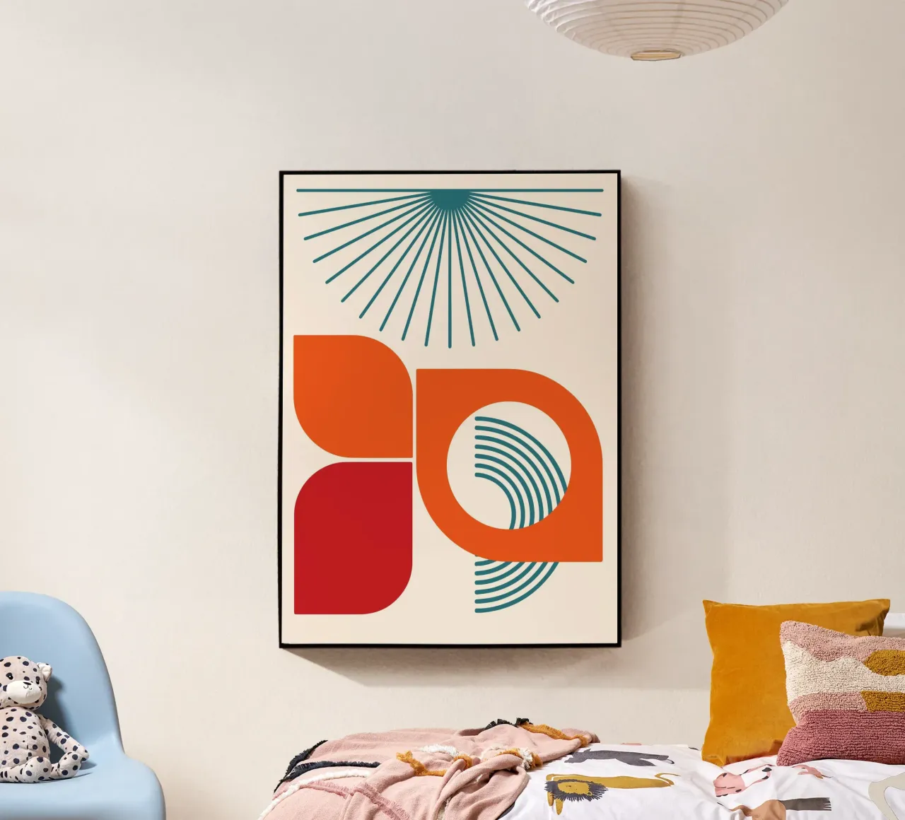 Teal Sunburst Mid-Century Modern Abstract Shape Art Descrizione plexiglass da Grungeo
