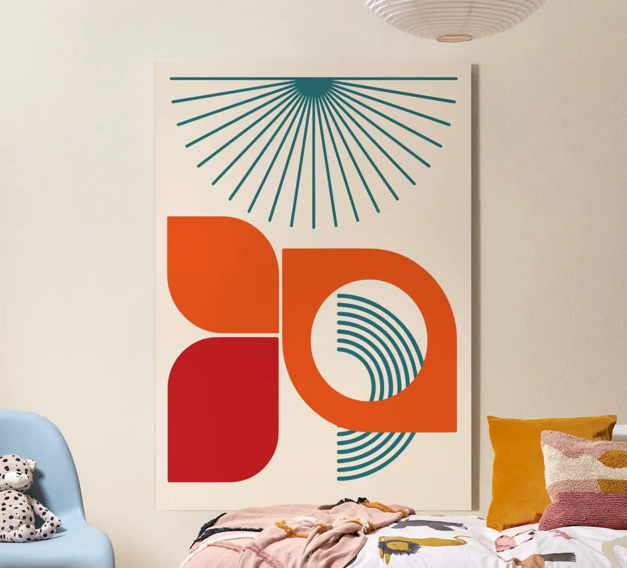 Teal Sunburst Mid-Century Modern Abstract Shape Art Descrizione plexiglass da Grungeo