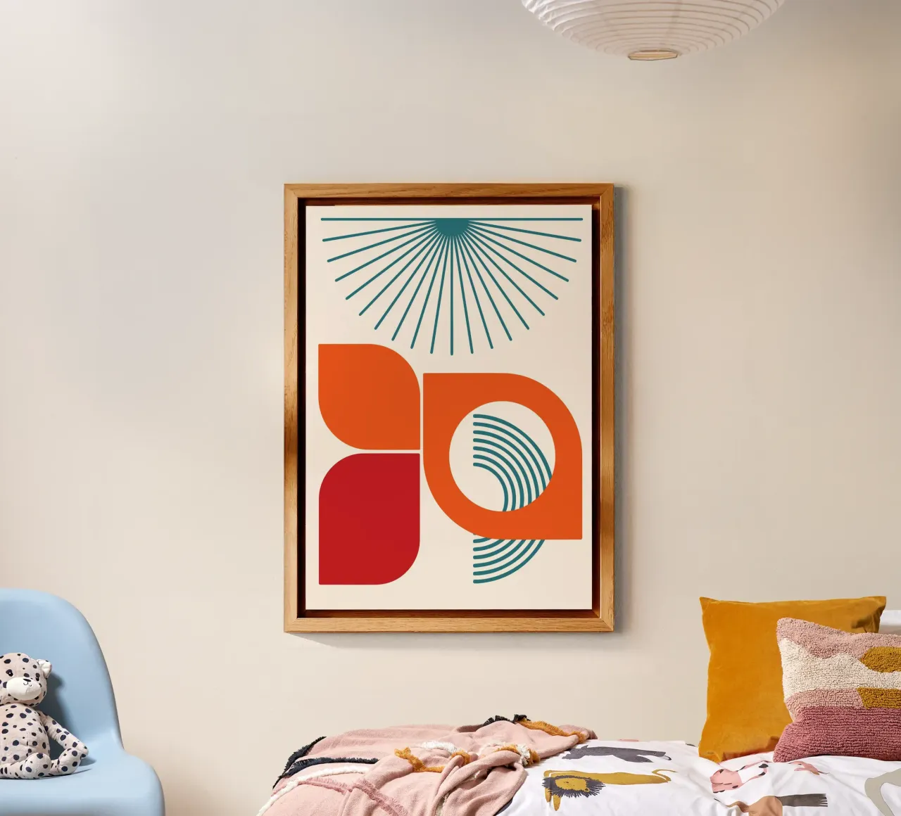 Teal Sunburst Mid-Century Modern Abstract Shape Art Descrizione alluminio dibond da Grungeo