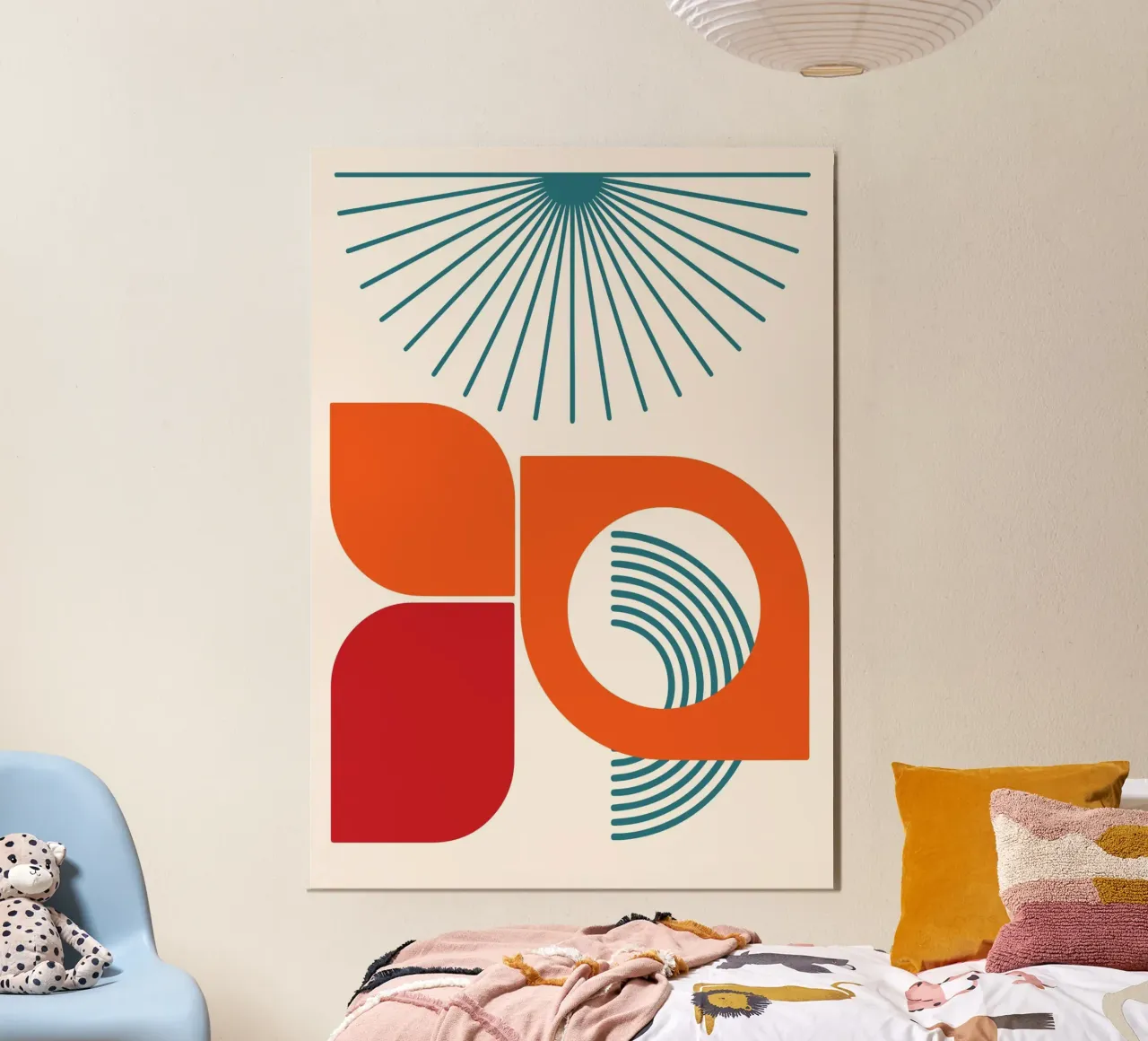 Teal Sunburst Mid-Century Modern Abstract Shape Art Descrizione alluminio dibond da Grungeo