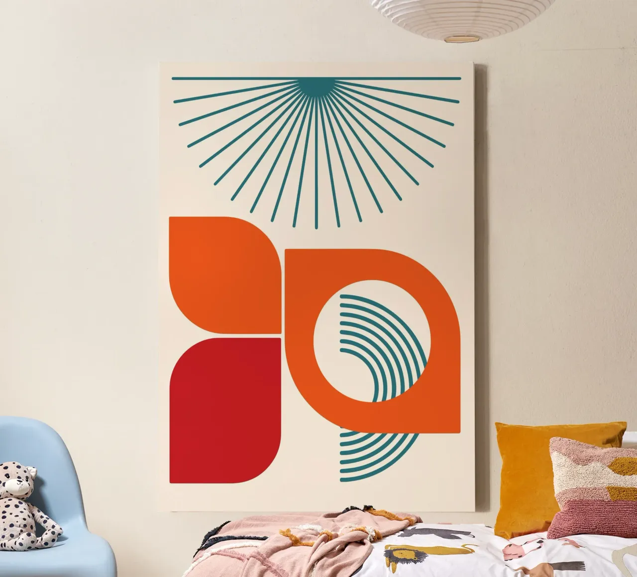 Teal Sunburst Mid-Century Modern Abstract Shape Art Descript lienzo de Grungeo