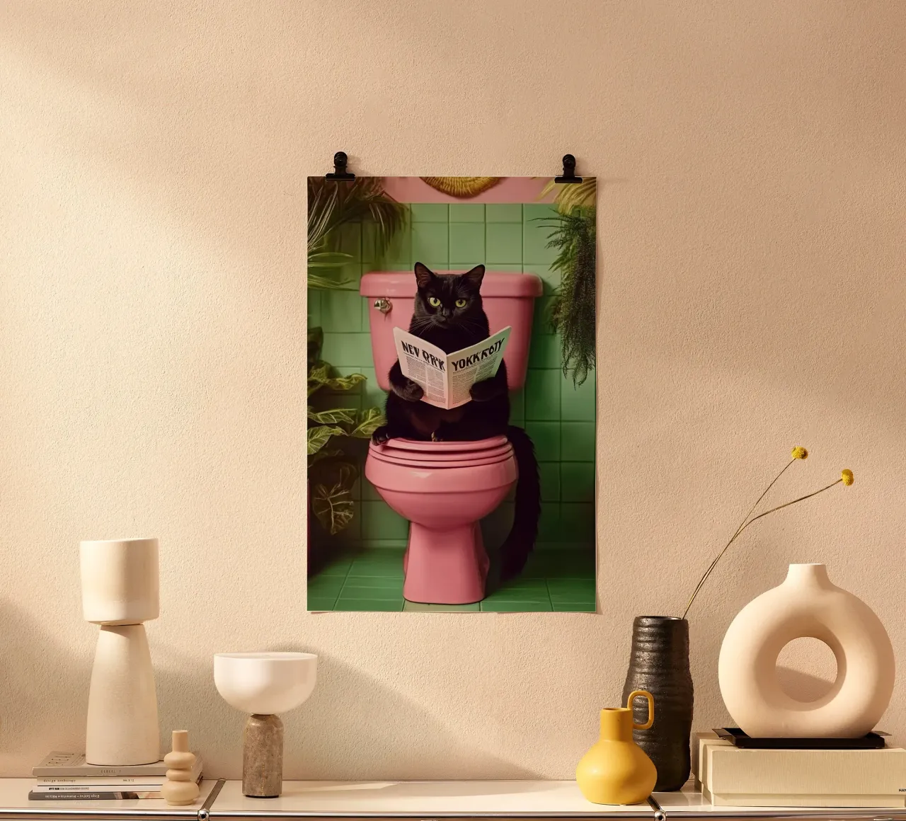 Katze liest Zeitung poster with wooden frame by NORDLICHT DESIGNS