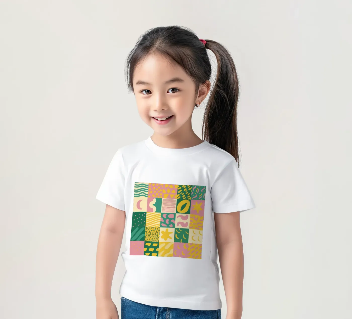 Vrolijk patchworkraster kinder t-shirt van Sun Riser
