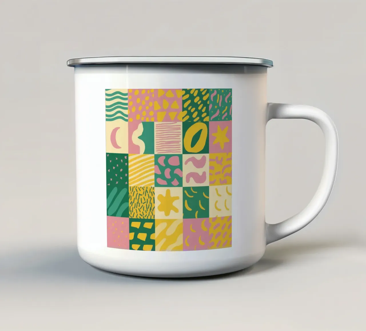 Vrolijk patchworkraster emaille mok van Sun Riser
