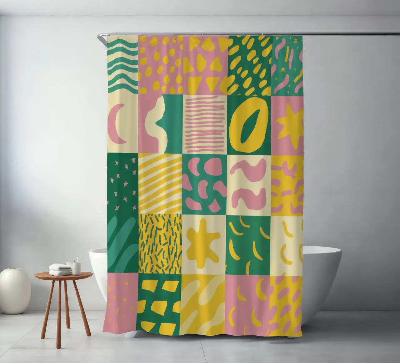 Fröhliches Patchwork-Gitter Duschvorhang von Sun Riser