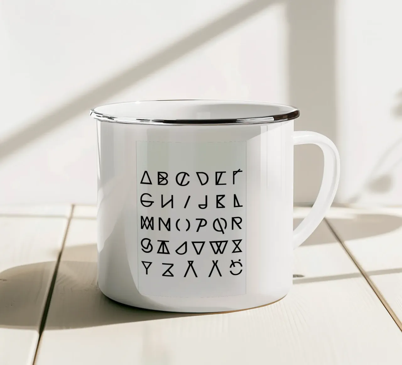 Graphic Alphabets enamel mug by RK Design