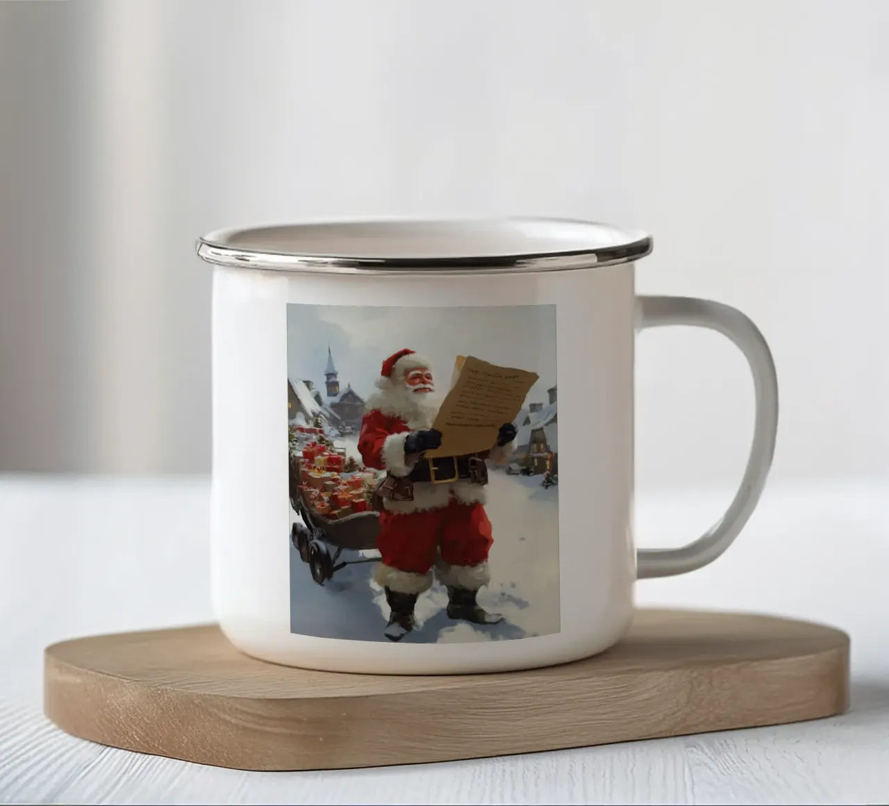 Babbo Natale con la lista dei desideri tazza in smalto da Cozy Vibes
