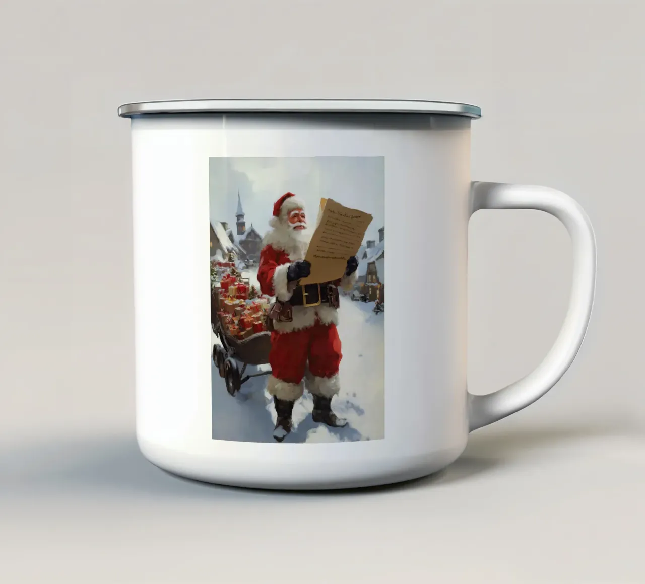 Babbo Natale con la lista dei desideri tazza in smalto da Cozy Vibes