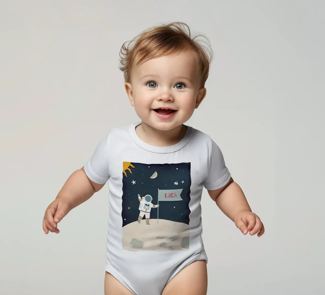 Children's poster space - With own name short-sleeve baby romper by FRAMELY