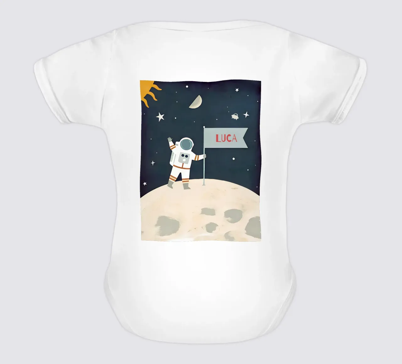 Children's poster space - With own name short-sleeve baby romper by FRAMELY