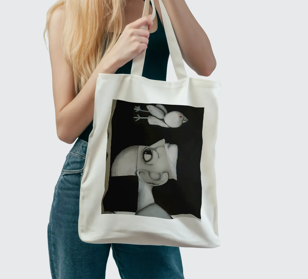 Man and Bird borsa in juta da Leslie Greenrod