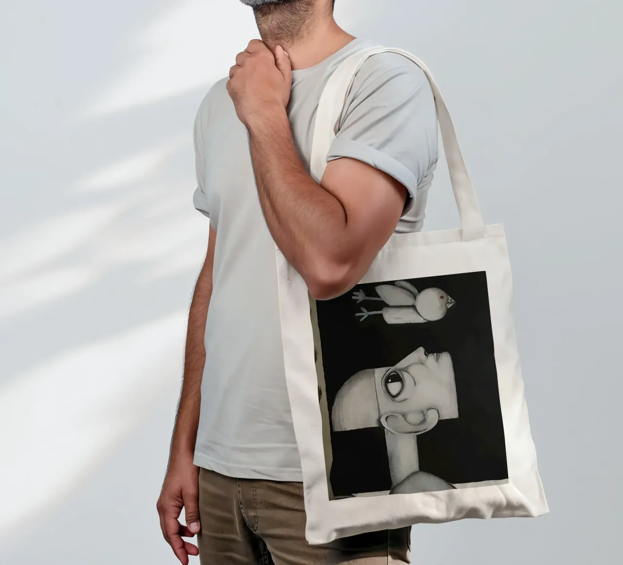 Man and Bird borsa in juta da Leslie Greenrod