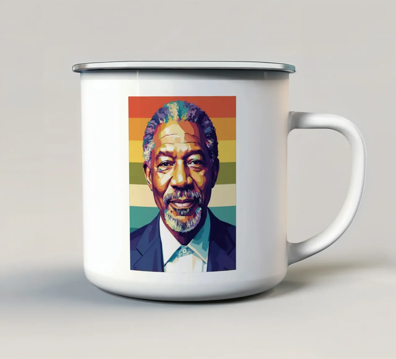 Morgan Freeman ritratto pop art tazza in smalto da Hantamrata