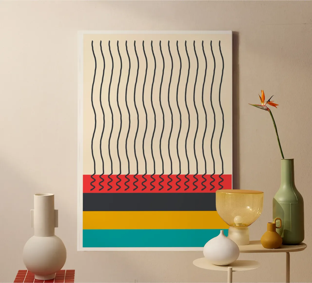 Modern Mid-Century Wavy Lines Abstract Color Block Print lienzo de Grungeo