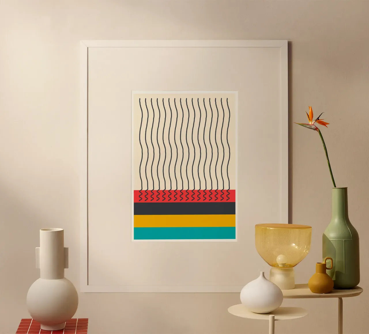 Stampa a blocchi di colore astratta con linee ondulate di metà secolo moderno poster con telaio in alluminio da Grungeo
