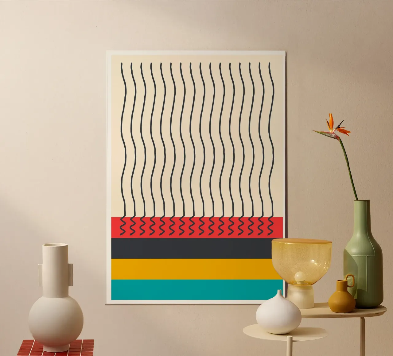 Stampa a blocchi di colore astratta con linee ondulate di metà secolo moderno poster con telaio in alluminio da Grungeo
