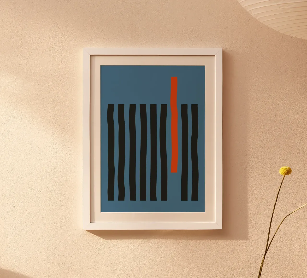 Abstracte streepjescode Oranje Contrast Minimalistische print Blauw hahnemühle van Grungeo