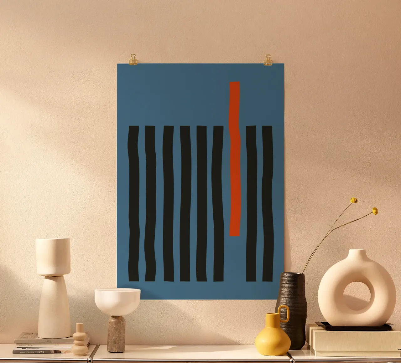 Abstracte streepjescode Oranje Contrast Minimalistische print Blauw hahnemühle van Grungeo