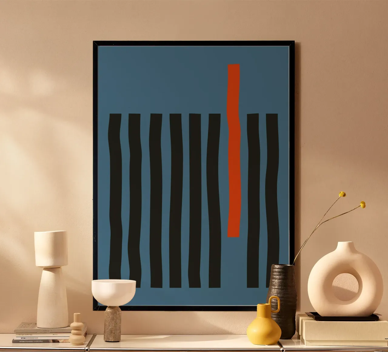 Abstracte streepjescode Oranje Contrast Minimalistische print Blauw hahnemühle van Grungeo