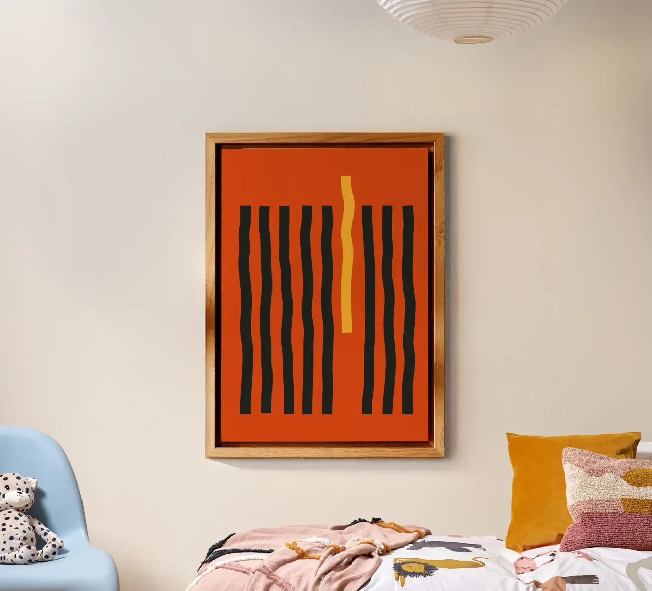 Stampa minimalista astratta a righe verticali arancione e nero alluminio dibond da Grungeo