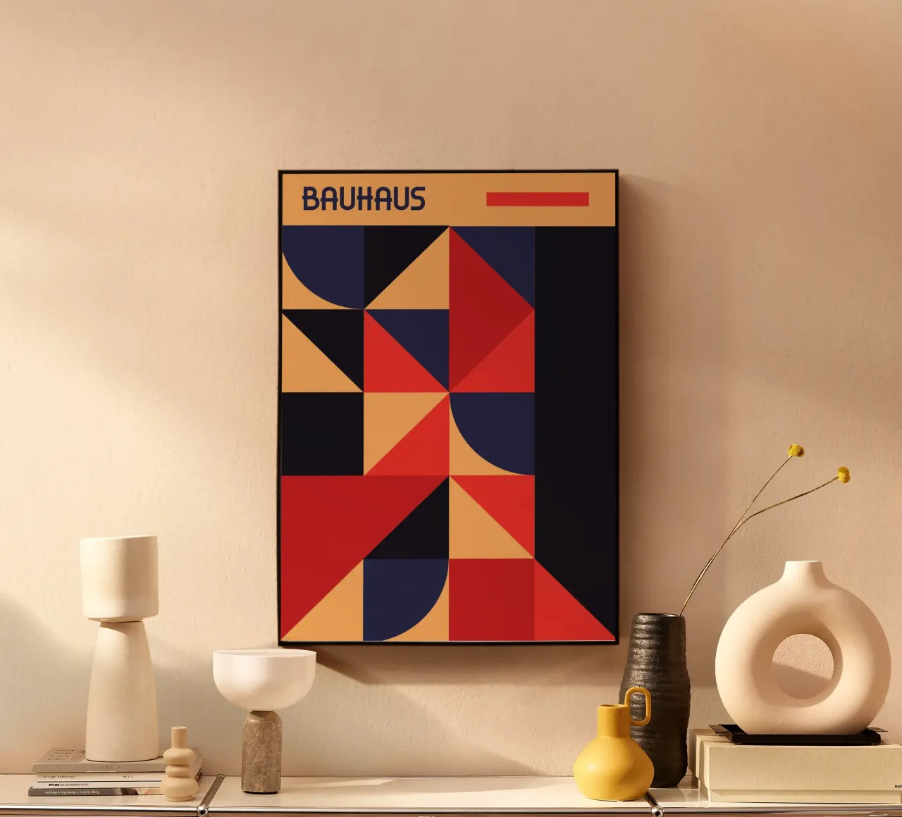 Bauhaus Geometric Shapes Navy Red Abstract Art Print aluminio dibond de Grungeo