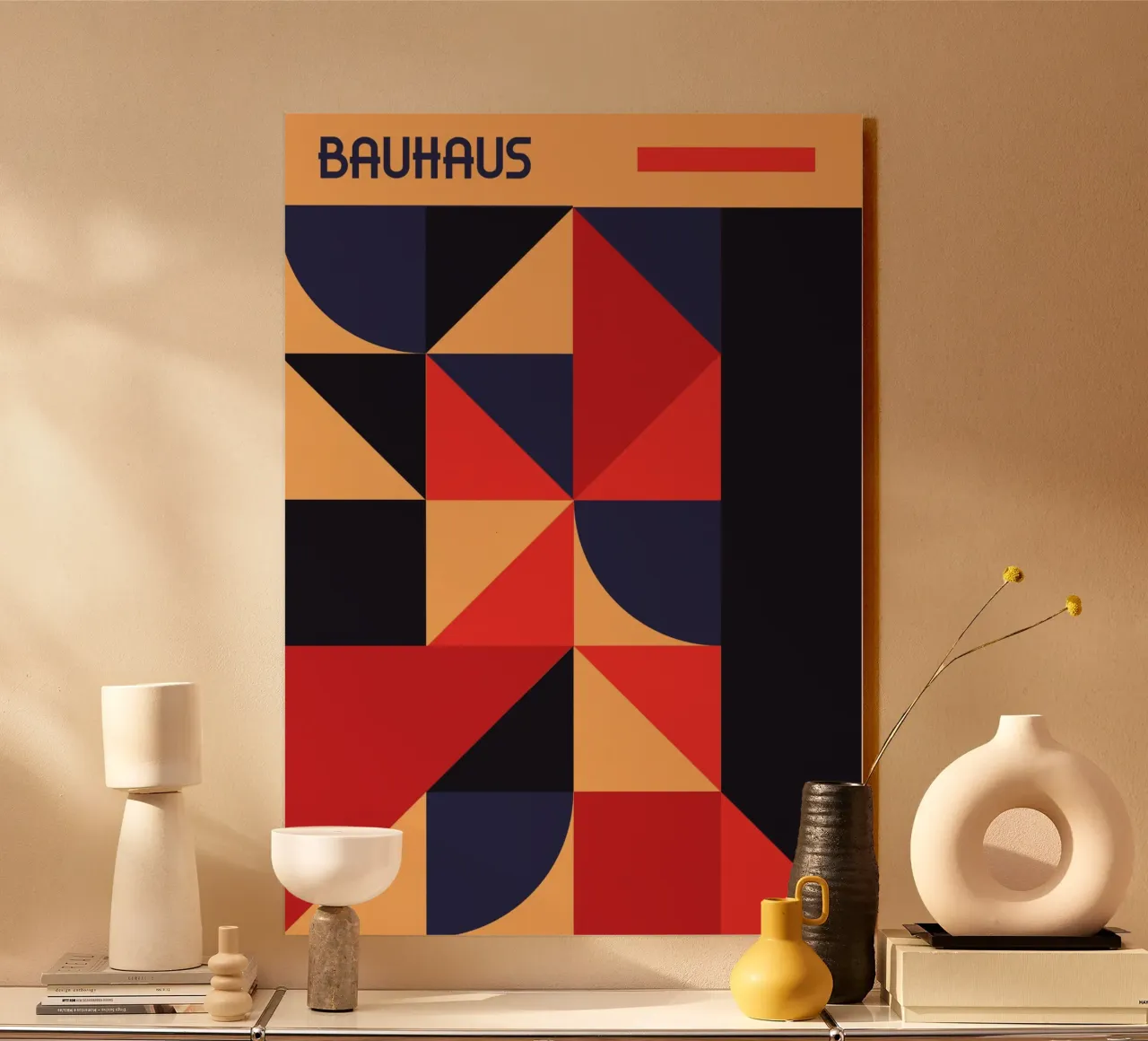Bauhaus Geometric Shapes Navy Red Abstract Art Print aluminio dibond de Grungeo
