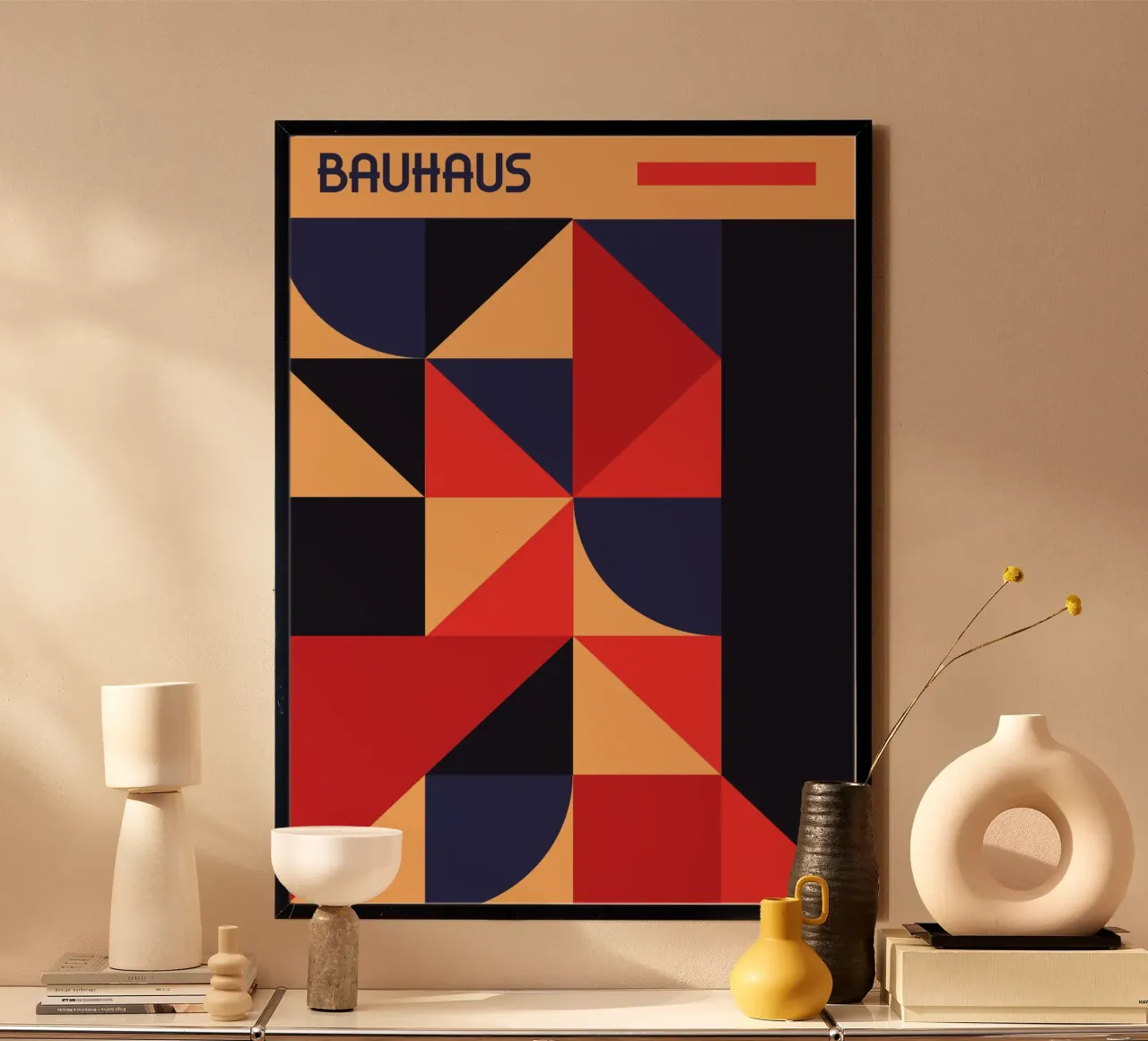 Bauhaus Geometric Shapes Navy Red Abstract Art Print hahnemühle de Grungeo