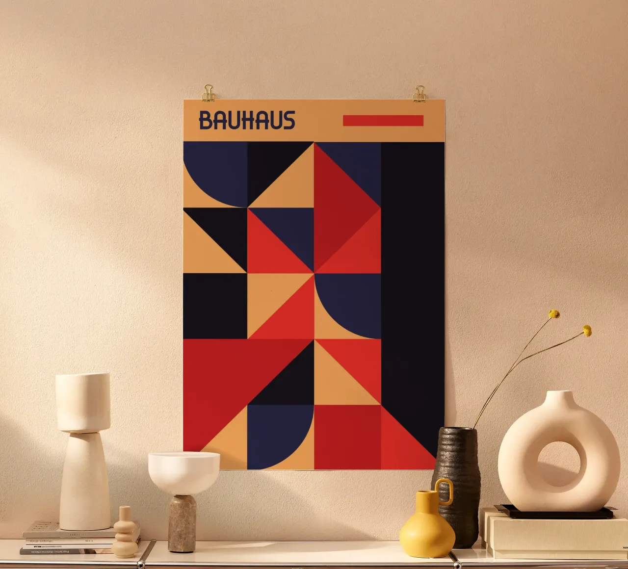 Bauhaus Geometric Shapes Navy Red Abstract Art Print hahnemühle de Grungeo