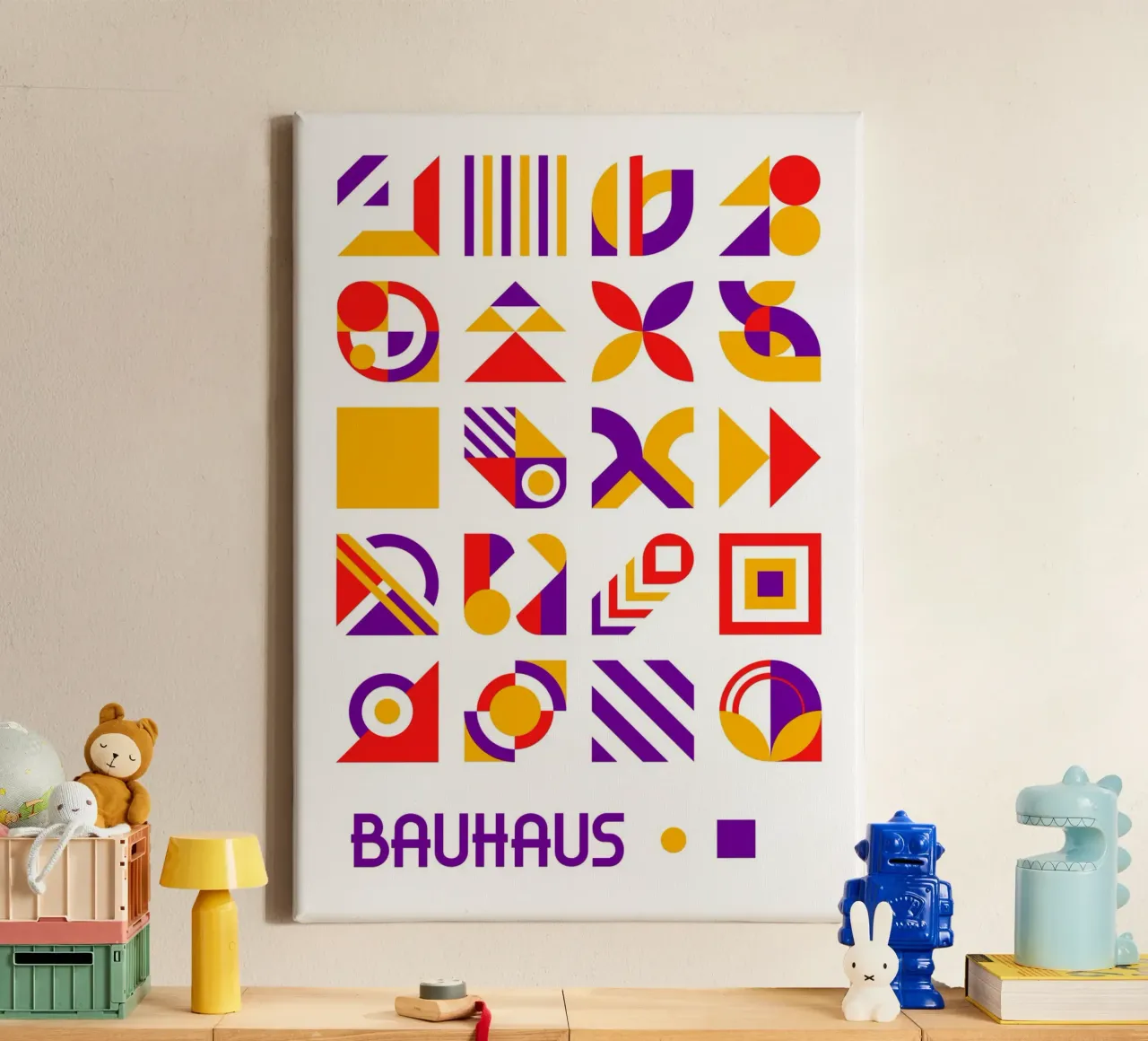 Bauhaus Geometric Elements Grid | Purple Red Yellow Abstract canvas by Grungeo