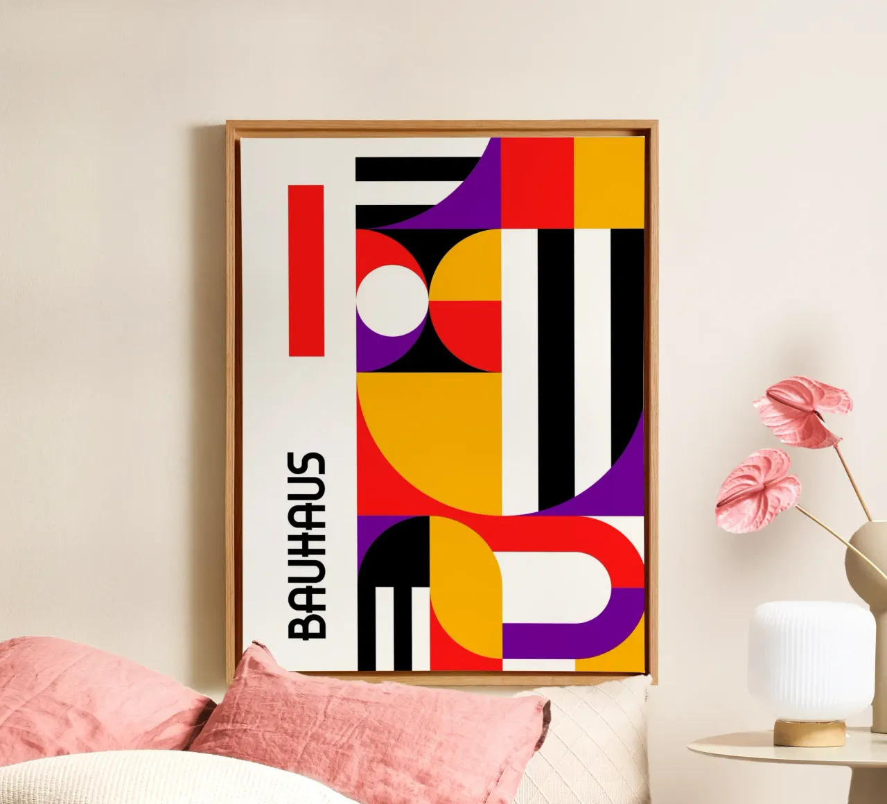 Bauhaus Geometric Shapes Vivid Abstract Color Print Vertical lienzo de Grungeo