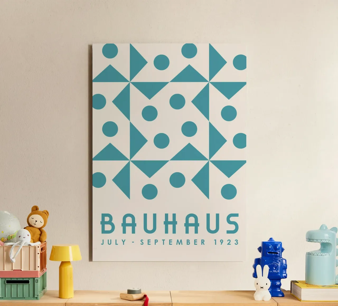 Bauhaus 1923 Geometric Teal Triangle Circle Pattern Art alluminio dibond da Grungeo