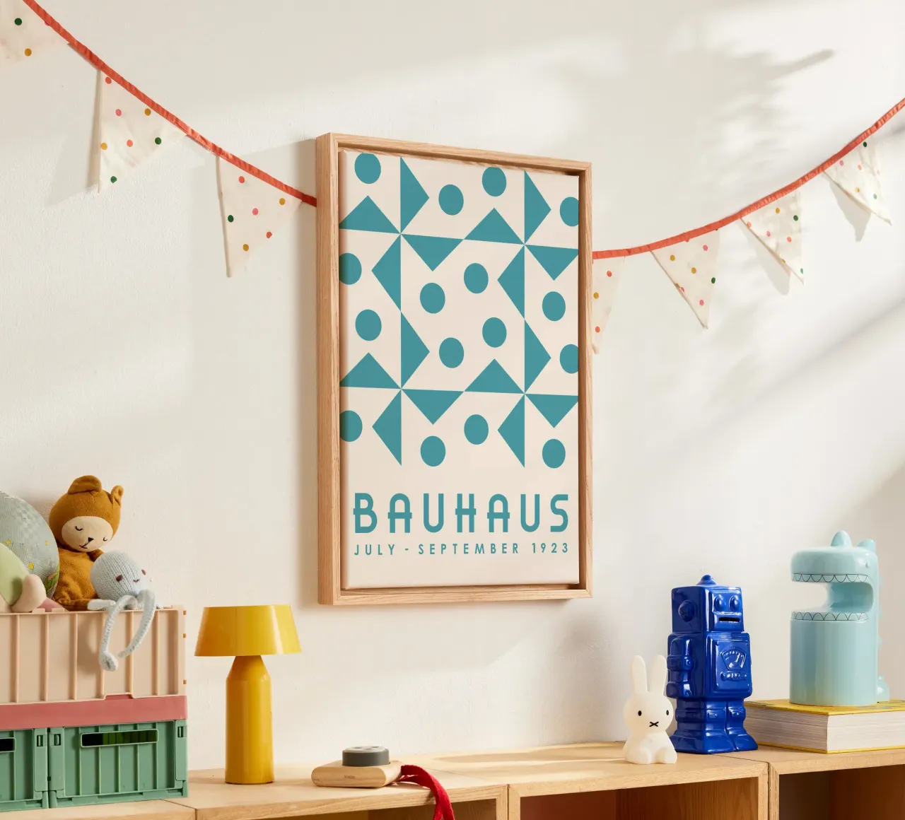 Bauhaus 1923 Geometric Teal Triangle Circle Pattern Art tela da Grungeo