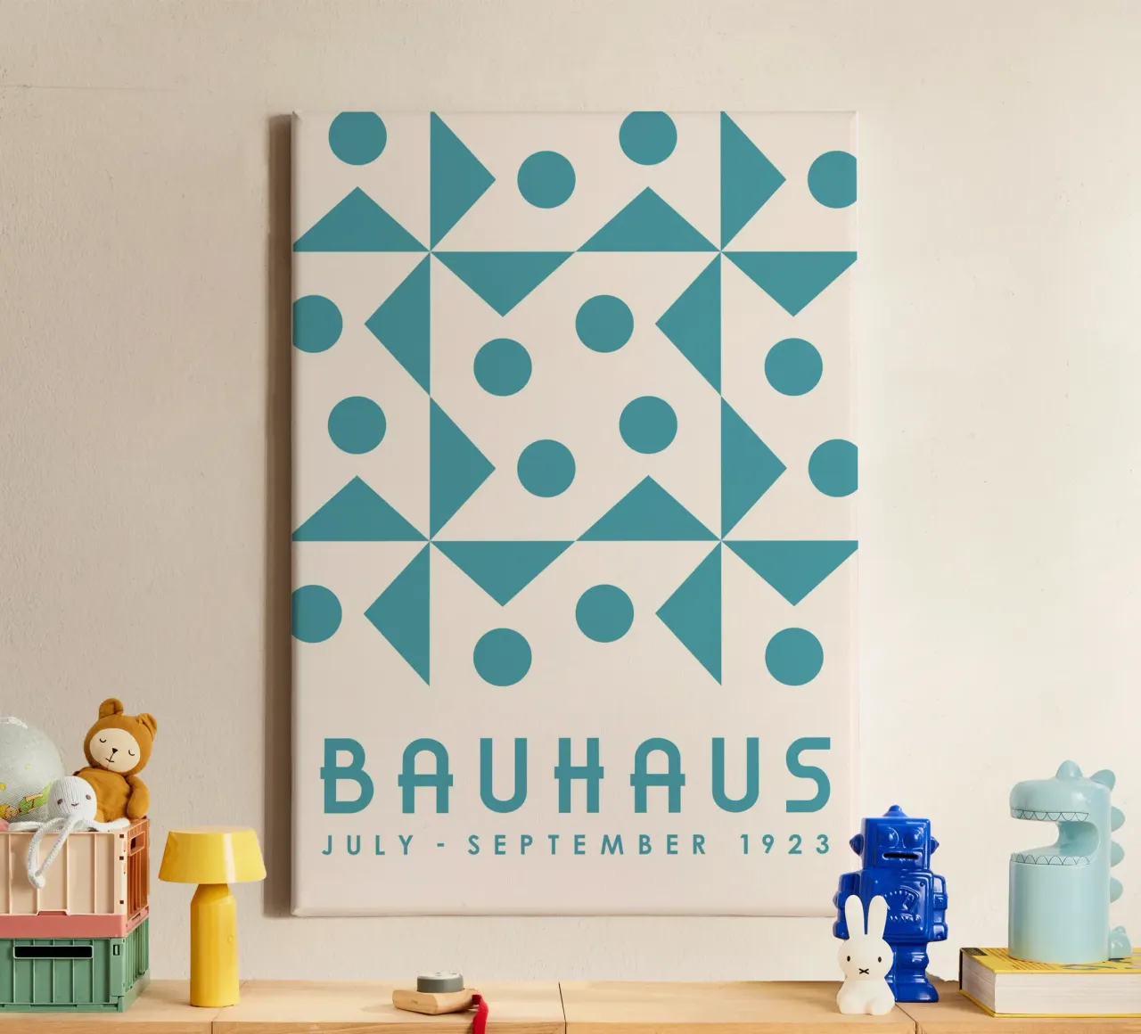 Bauhaus 1923 Geometric Teal Triangle Circle Pattern Art tela da Grungeo