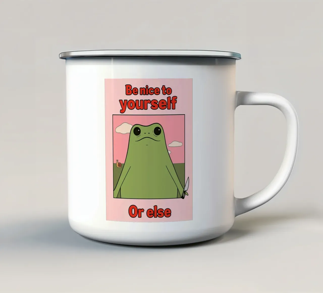Sei nett zu dir selbst, sonst gibt es einen lustigen Frosch Emaille Tasse von Toolee