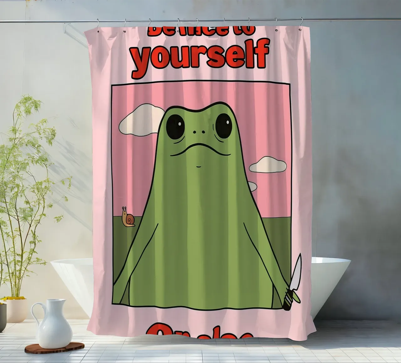 Sei nett zu dir selbst, sonst gibt es einen lustigen Frosch Duschvorhang von Toolee