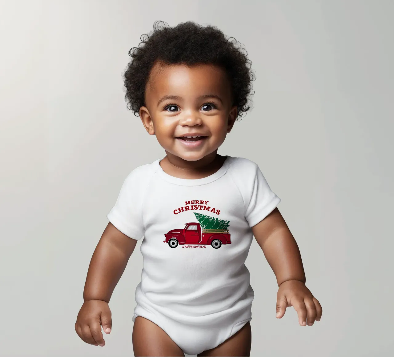Buon Natale Camion rosso con albero Illustrazione d'epoca body neonato maniche corte da EDMPROJECT