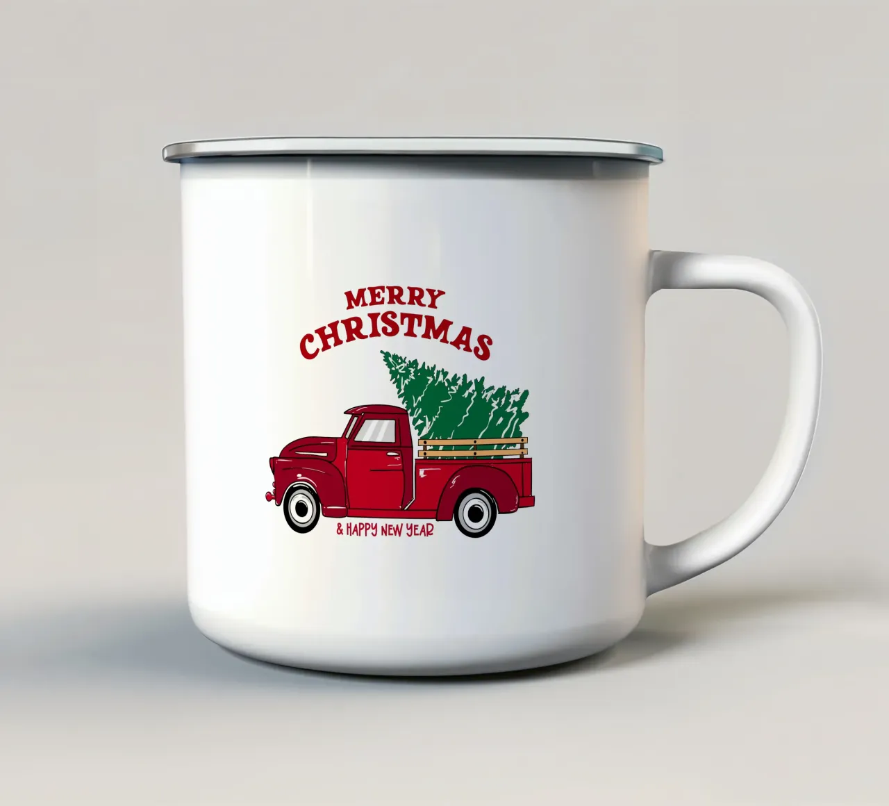 Buon Natale Camion rosso con albero Illustrazione d'epoca tazza in smalto da EDMPROJECT