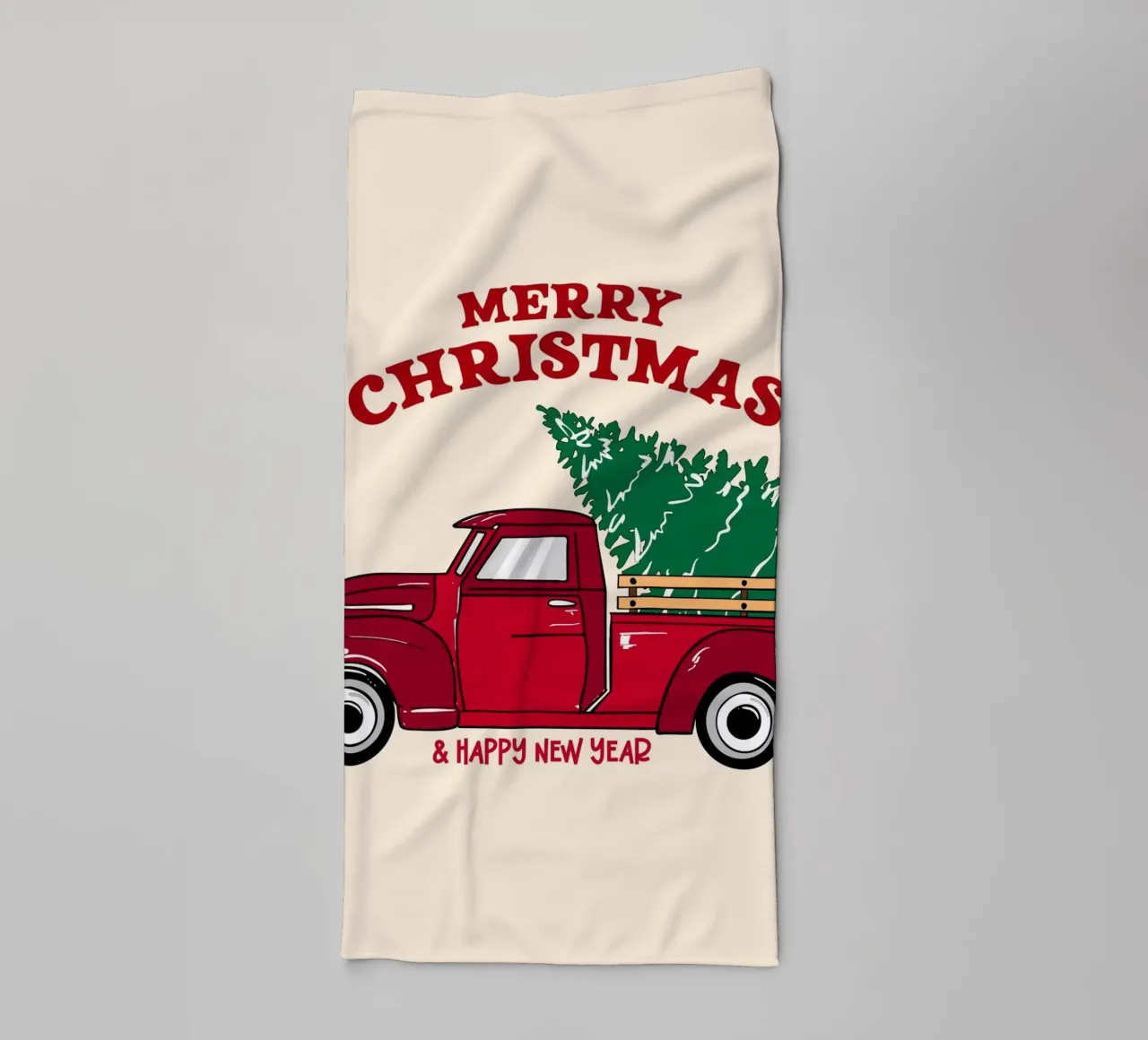 Buon Natale Camion rosso con albero Illustrazione d'epoca asciugamano da bagno da EDMPROJECT
