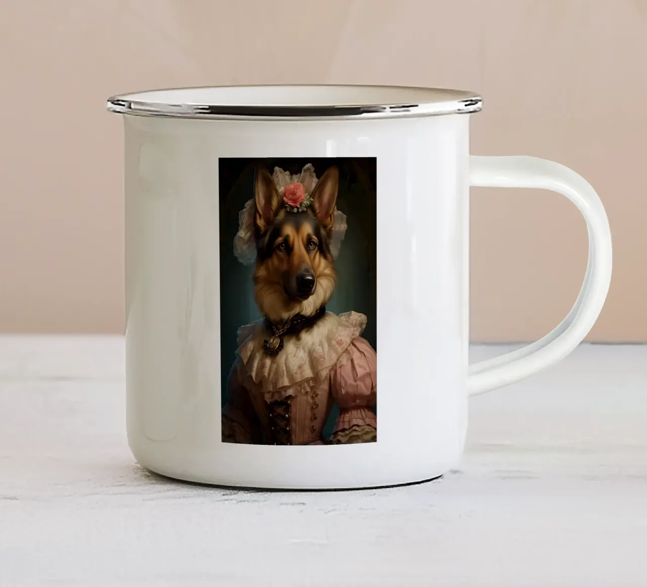 Pastore tedesco in abito rosa tazza in smalto da Wumples