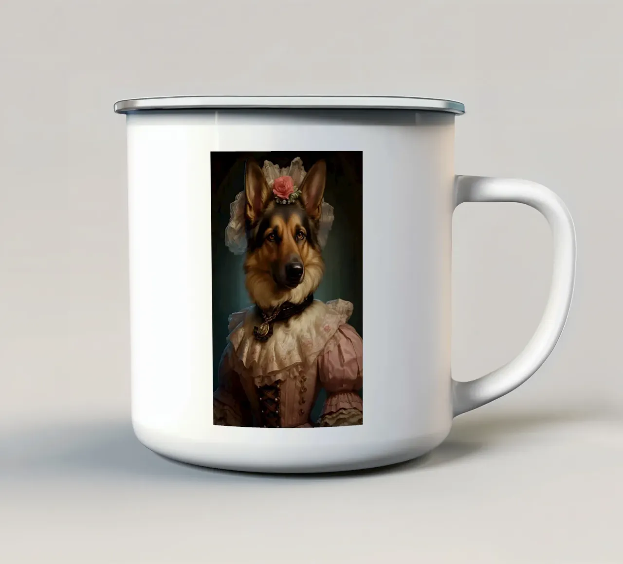 Pastore tedesco in abito rosa tazza in smalto da Wumples