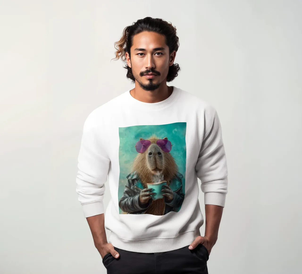 Elegante capibara in giacca di pelle con caffè mattutino felpa da Wumples