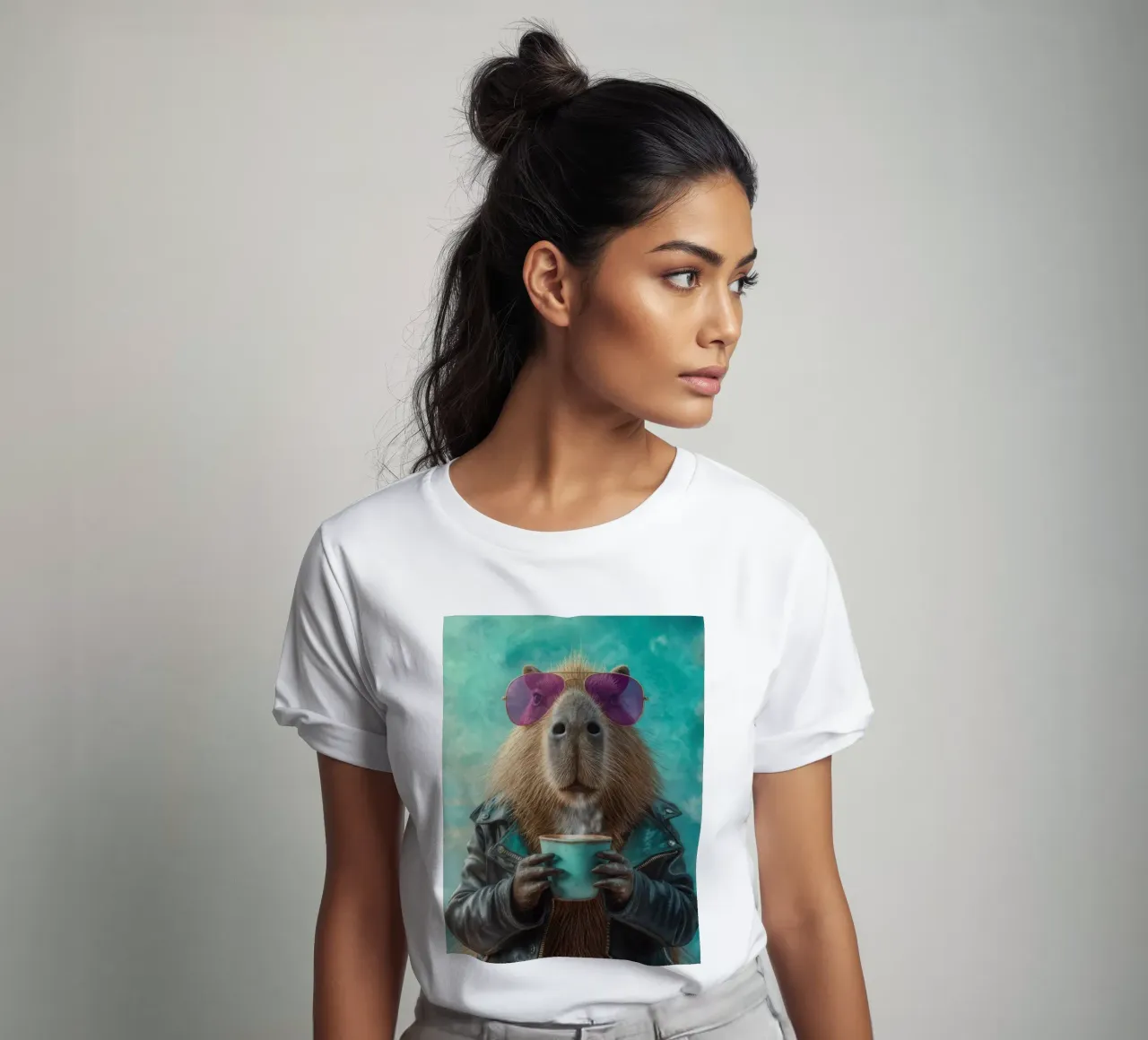 Elegante capibara in giacca di pelle con caffè mattutino t-shirt da Wumples