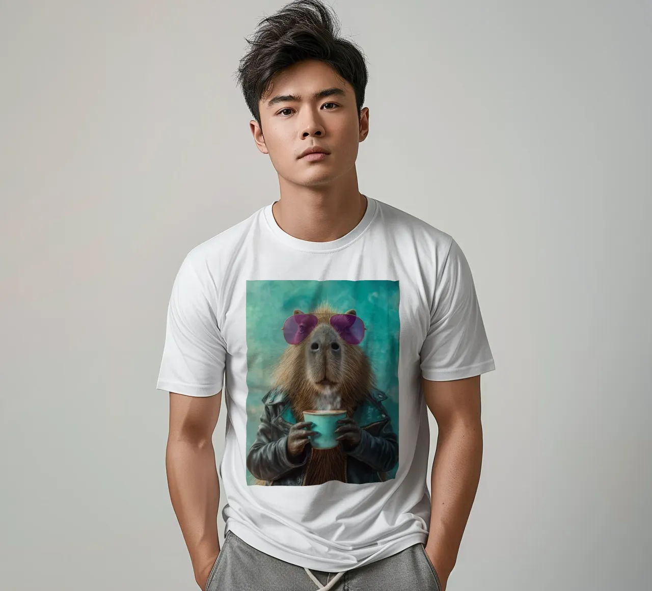 Elegante capibara in giacca di pelle con caffè mattutino t-shirt da Wumples